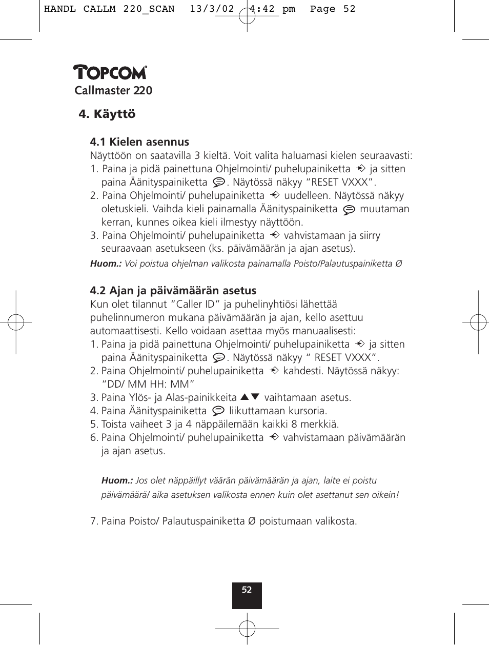 Topcom CALLMASTER 220 User Manual | Page 52 / 68