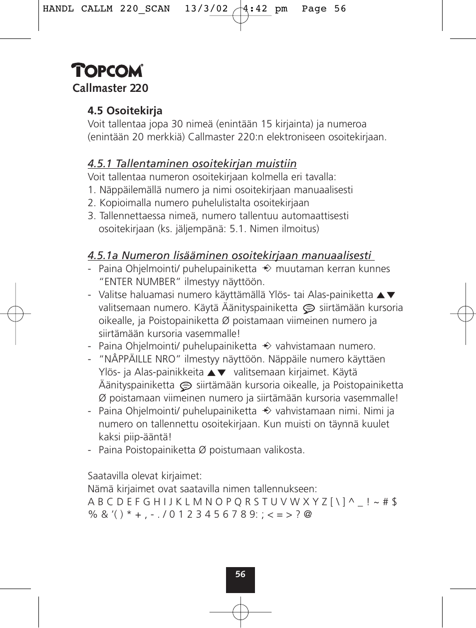 Topcom CALLMASTER 220 User Manual | Page 56 / 68