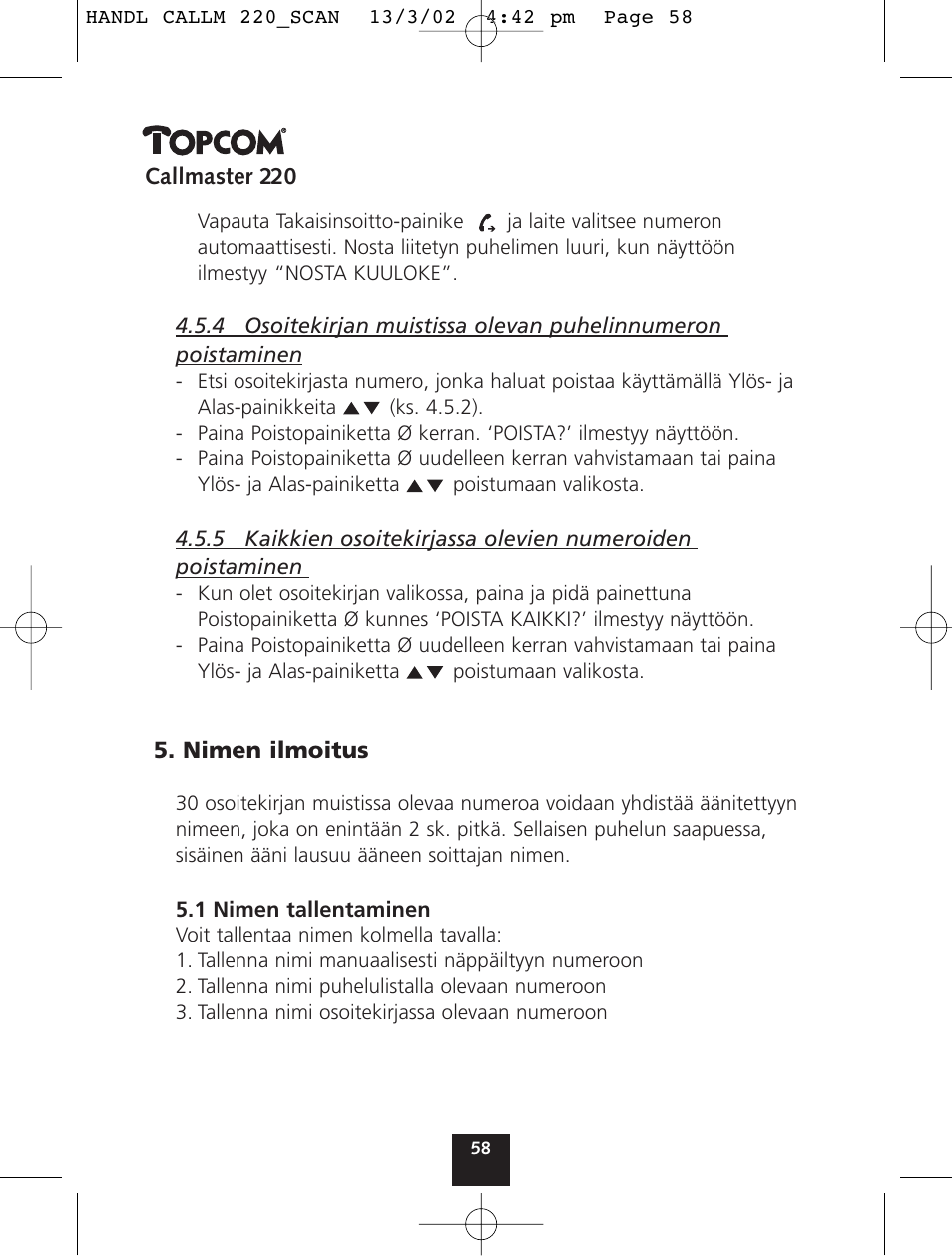 Topcom CALLMASTER 220 User Manual | Page 58 / 68