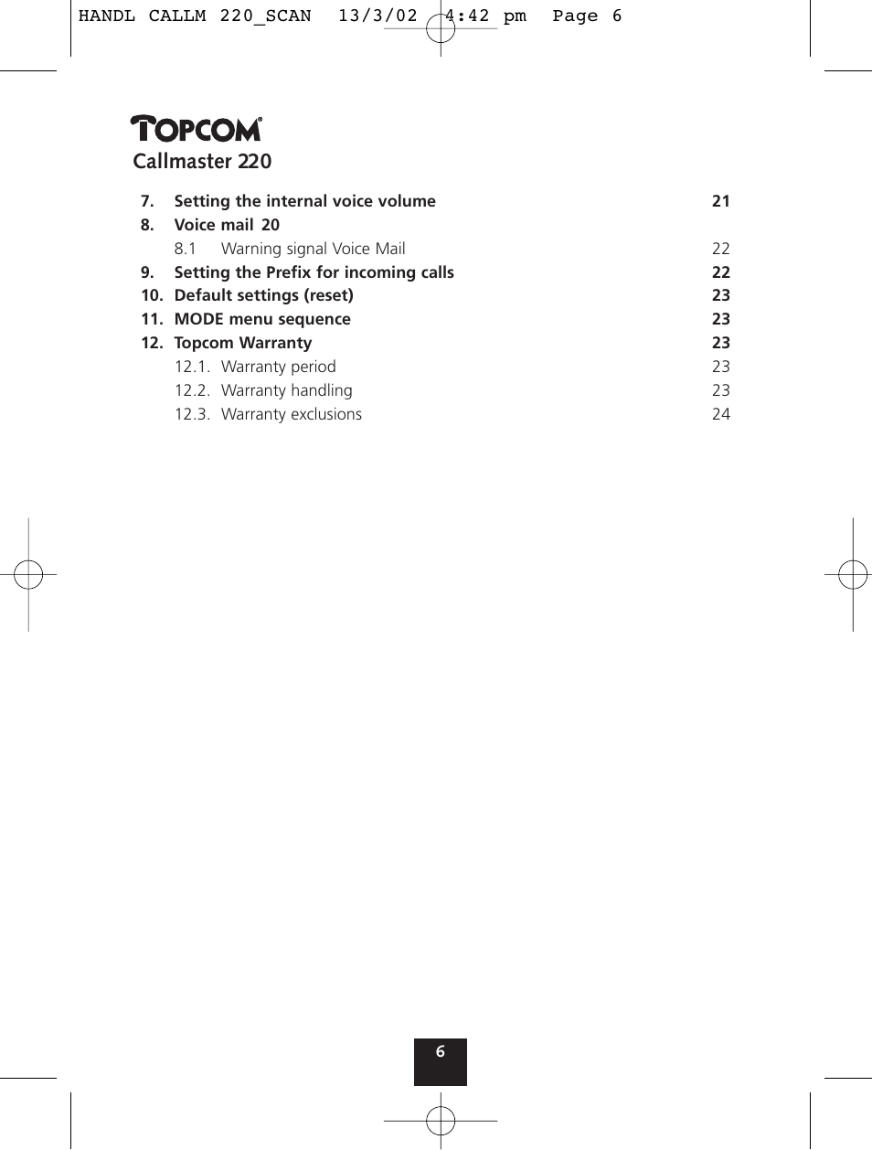 Callmaster 220 | Topcom CALLMASTER 220 User Manual | Page 6 / 68