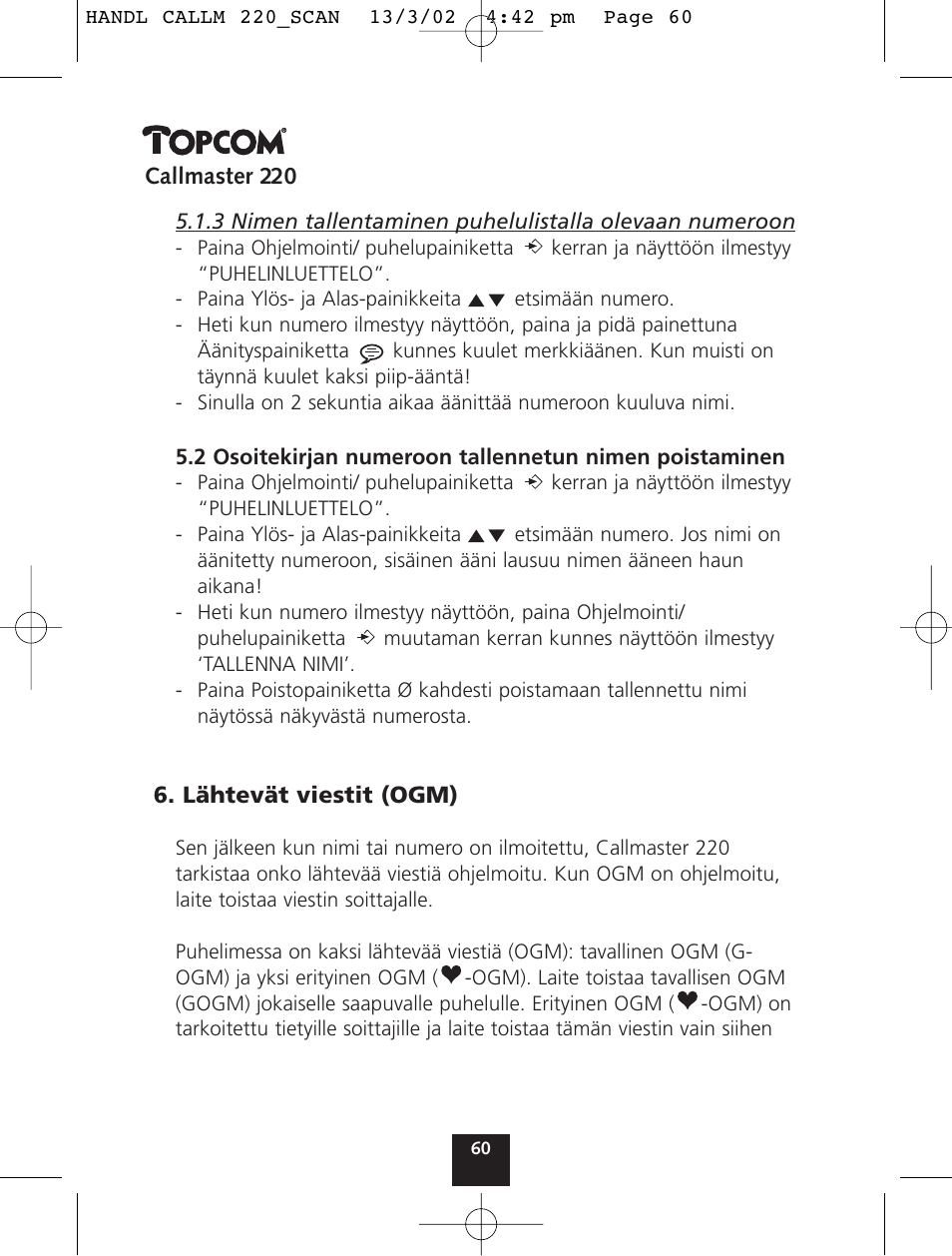 Topcom CALLMASTER 220 User Manual | Page 60 / 68