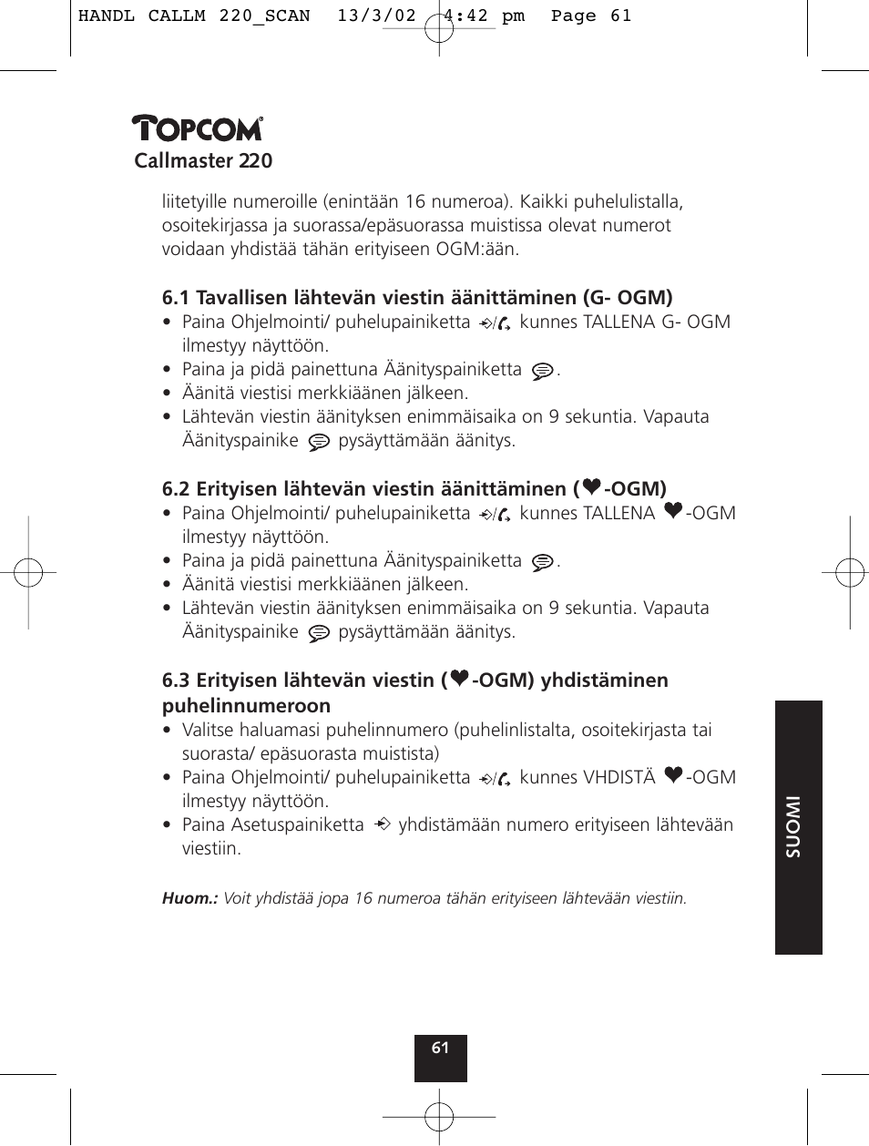 Topcom CALLMASTER 220 User Manual | Page 61 / 68