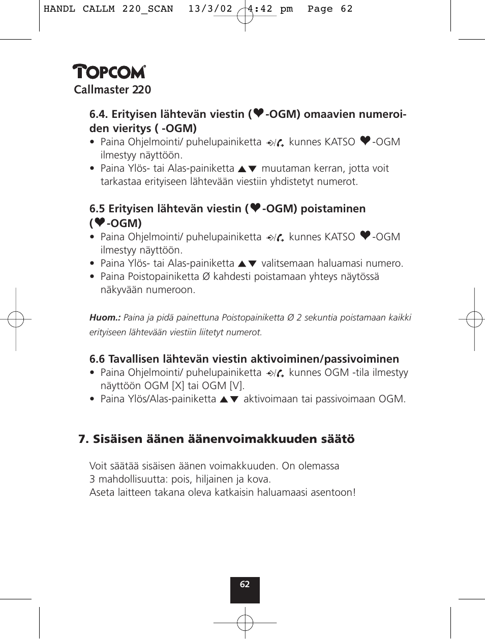 Topcom CALLMASTER 220 User Manual | Page 62 / 68