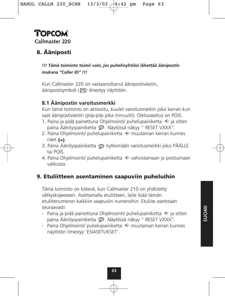 Topcom CALLMASTER 220 User Manual | Page 63 / 68