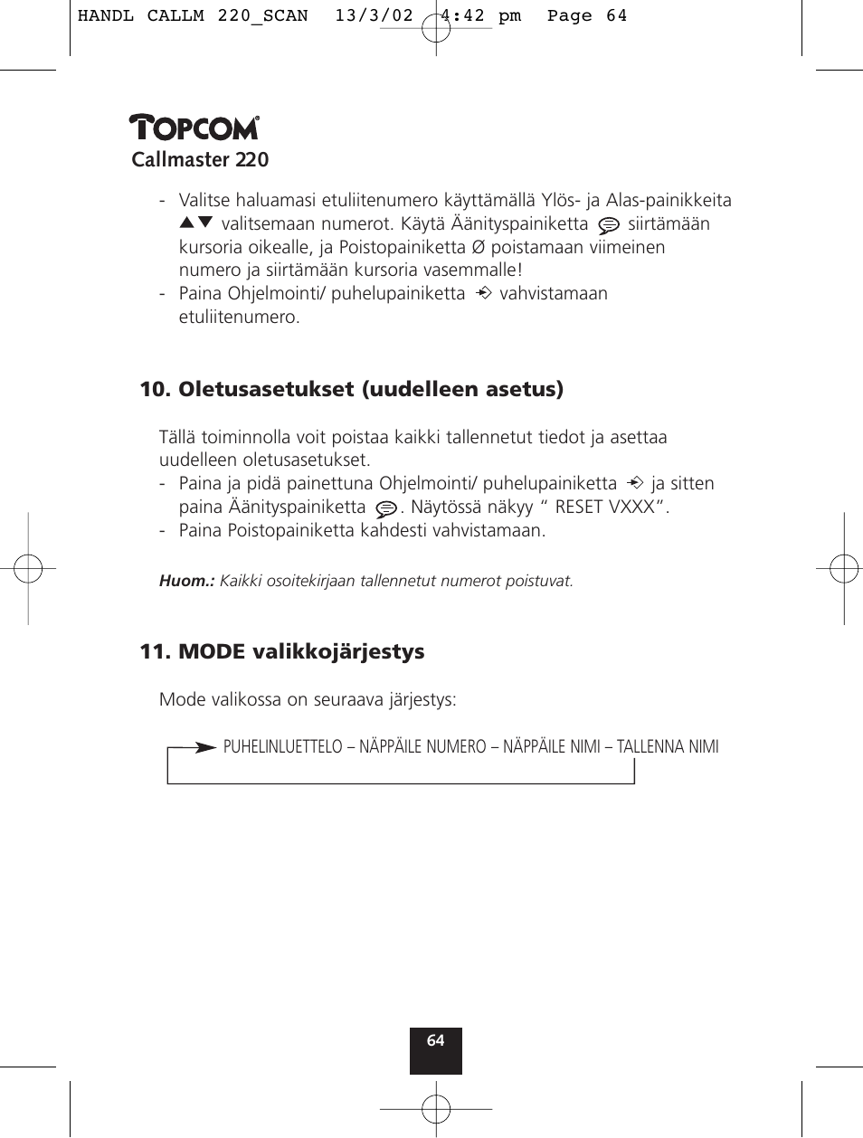Topcom CALLMASTER 220 User Manual | Page 64 / 68