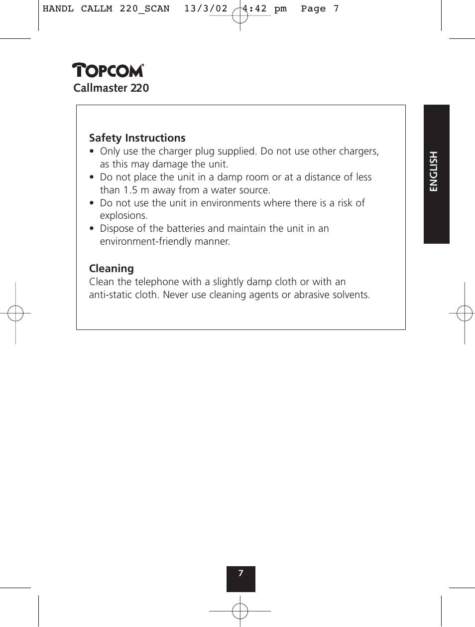 Topcom CALLMASTER 220 User Manual | Page 7 / 68