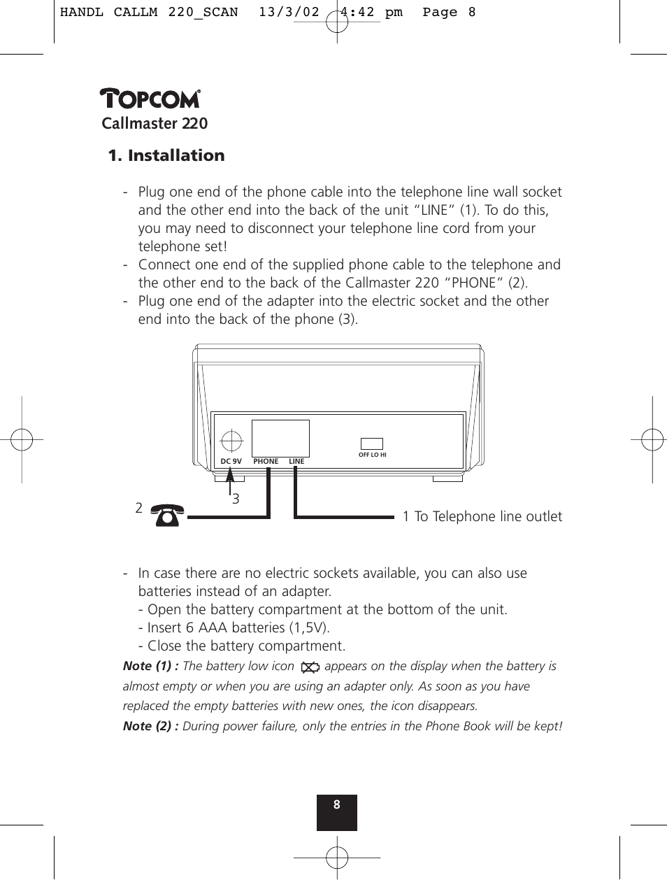 Callmaster 220, Installation | Topcom CALLMASTER 220 User Manual | Page 8 / 68
