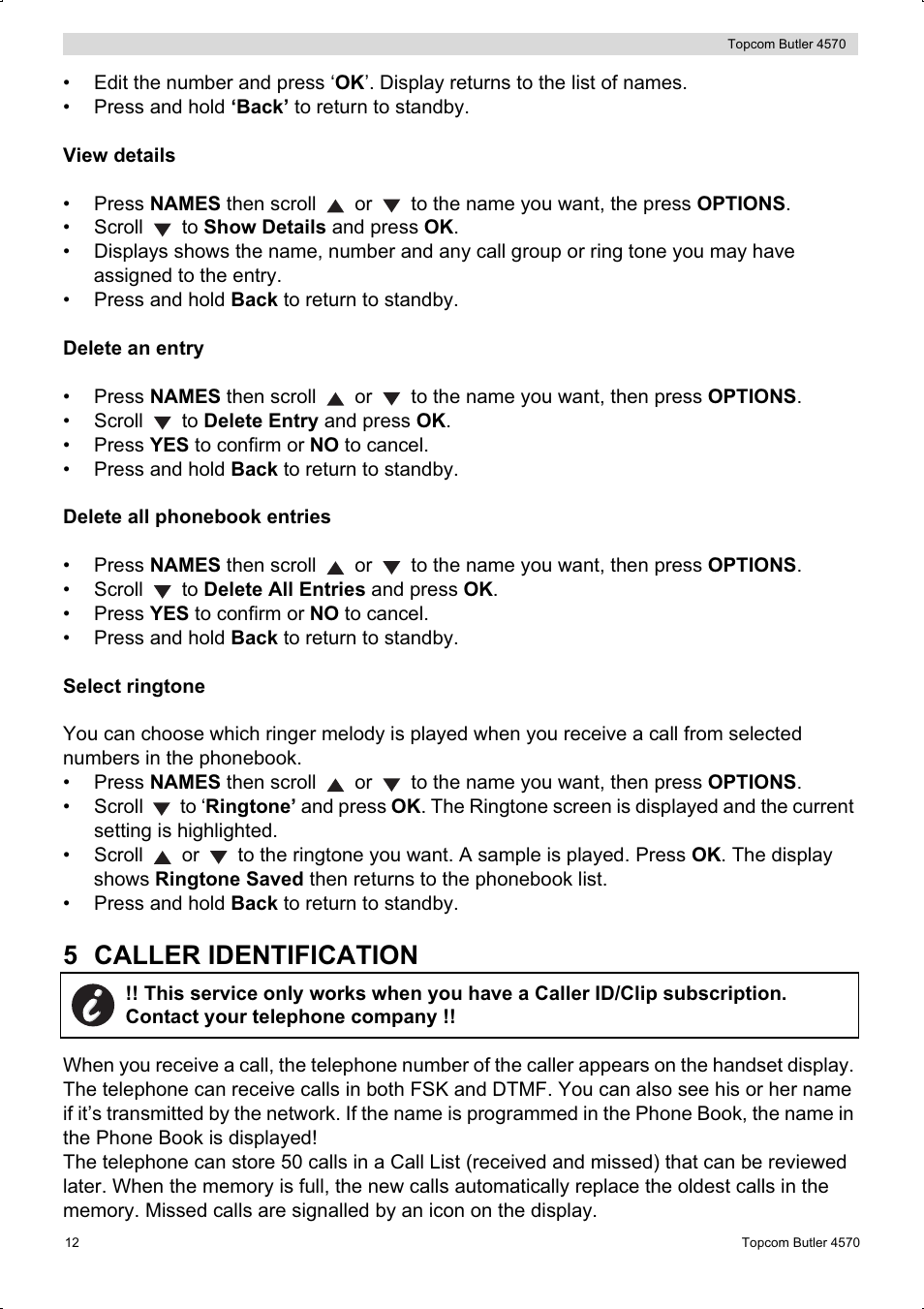 5 caller identification | Topcom BUTLER 4570 User Manual | Page 12 / 28