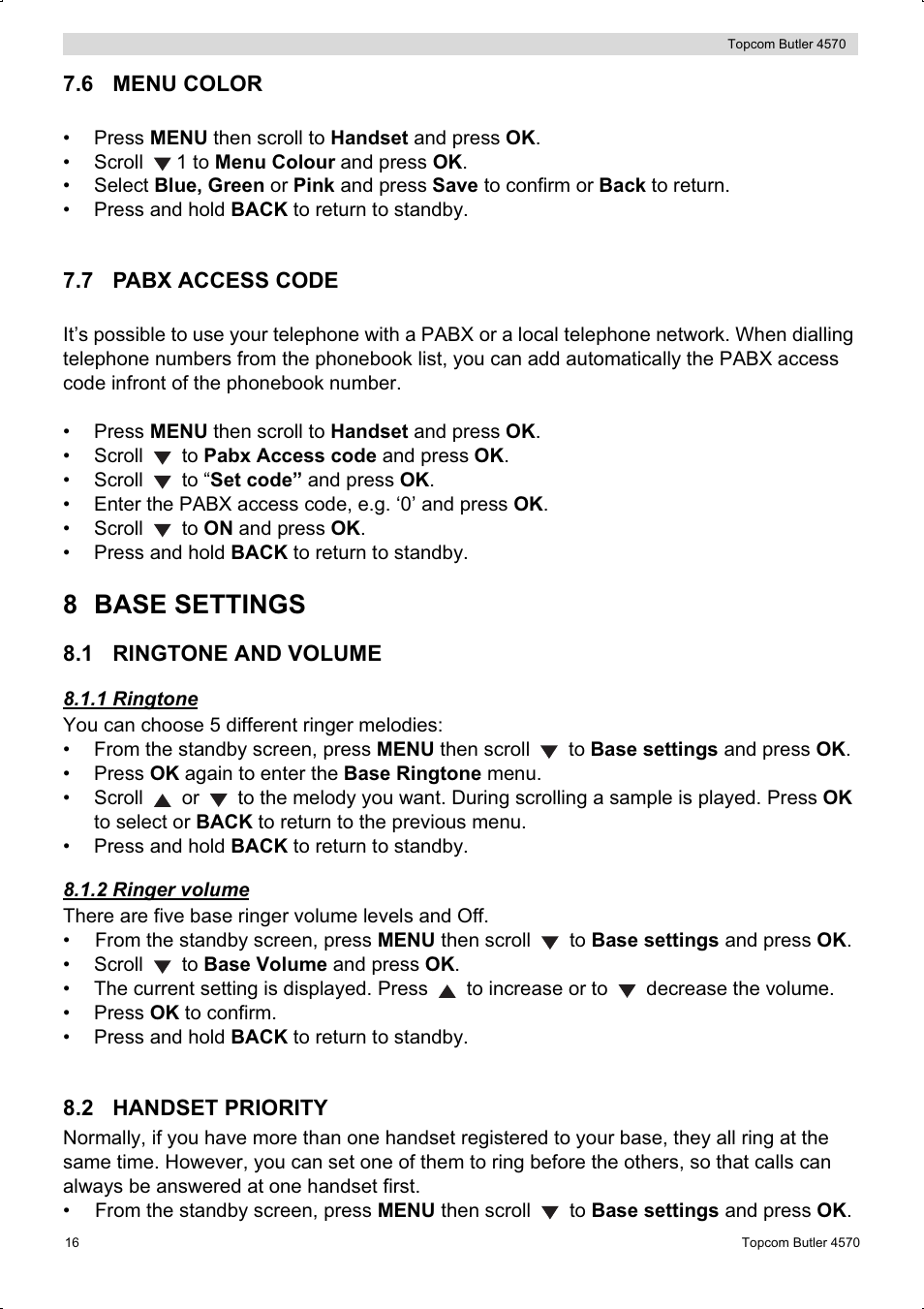 8 base settings | Topcom BUTLER 4570 User Manual | Page 16 / 28