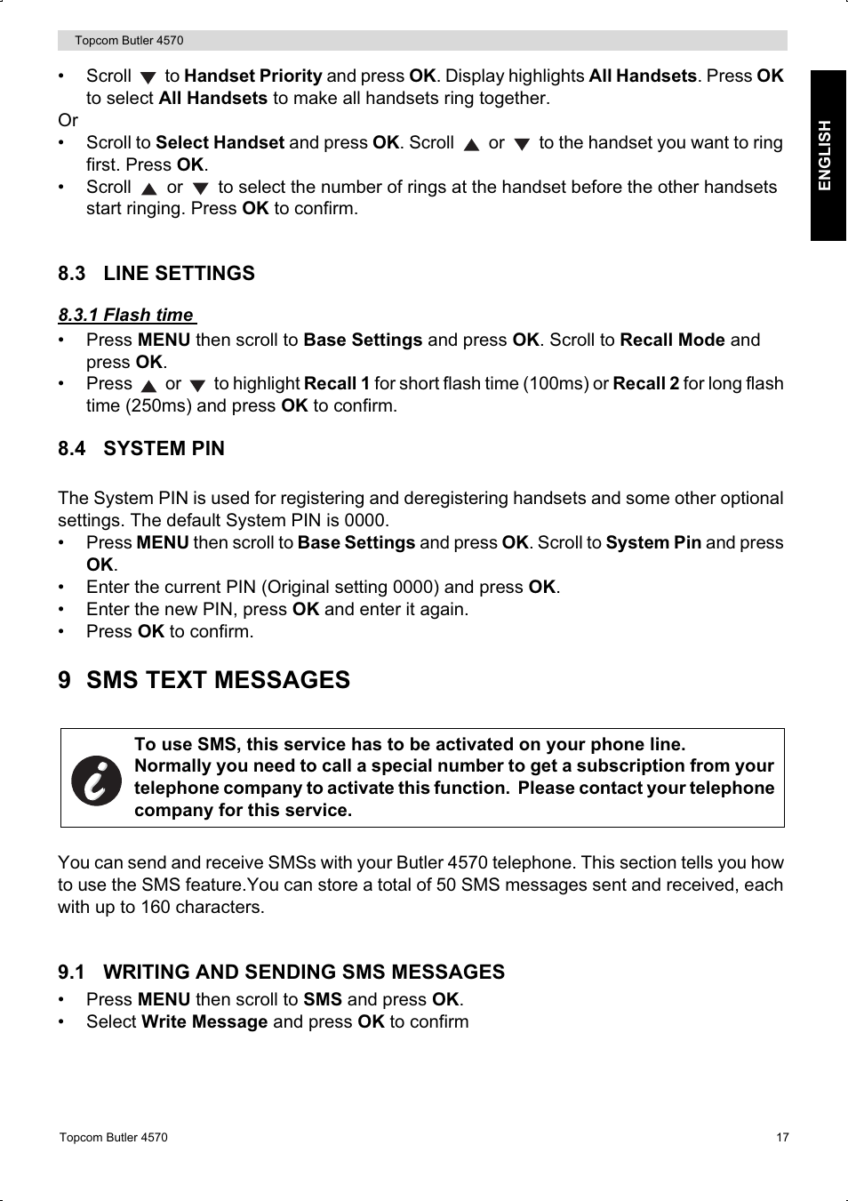 9 sms text messages | Topcom BUTLER 4570 User Manual | Page 17 / 28