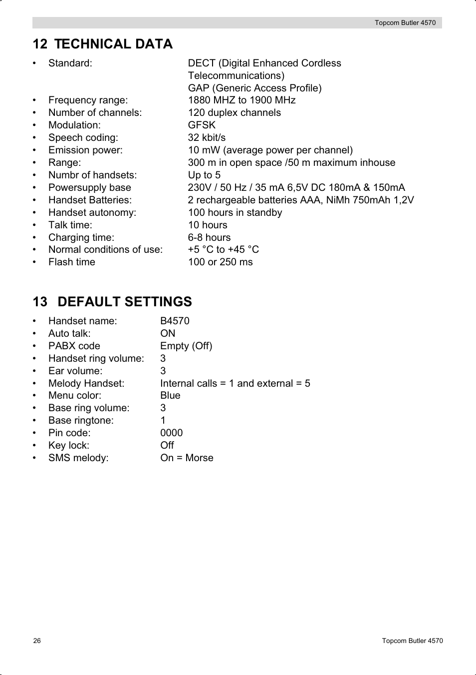 12 technical data, 13 default settings | Topcom BUTLER 4570 User Manual | Page 26 / 28