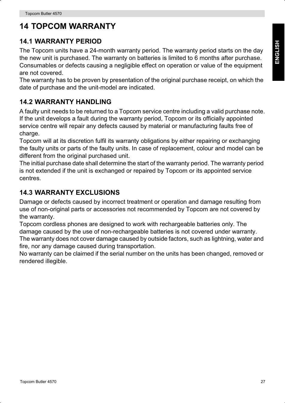 14 topcom warranty | Topcom BUTLER 4570 User Manual | Page 27 / 28