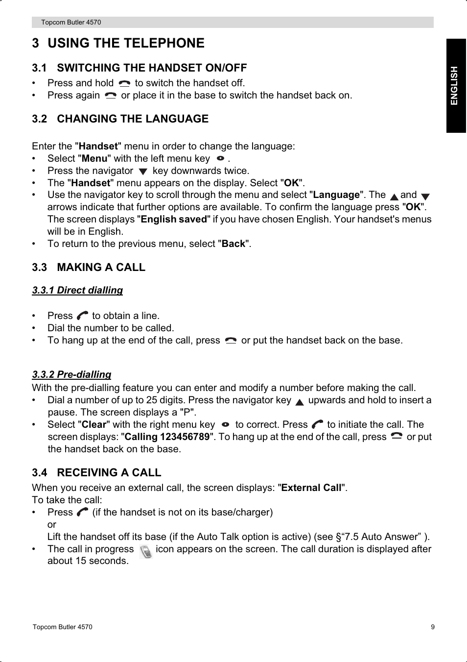 3 using the telephone | Topcom BUTLER 4570 User Manual | Page 9 / 28