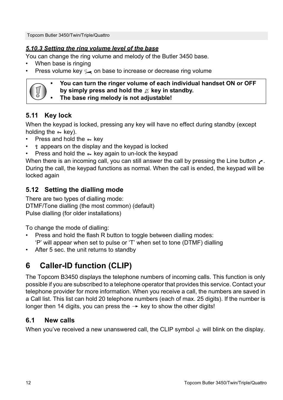 6caller-id function (clip) | Topcom BUTLER Quattro User Manual | Page 12 / 92