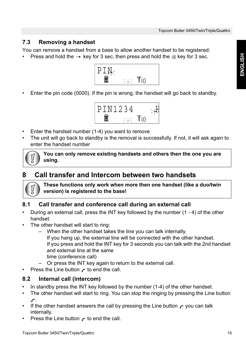 Pin 1234 h, 8call transfer and intercom between two handsets | Topcom BUTLER Quattro User Manual | Page 15 / 92