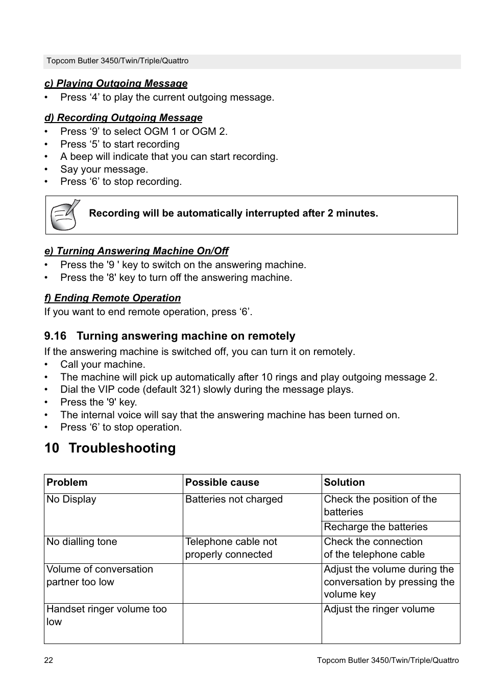 10 troubleshooting | Topcom BUTLER Quattro User Manual | Page 22 / 92