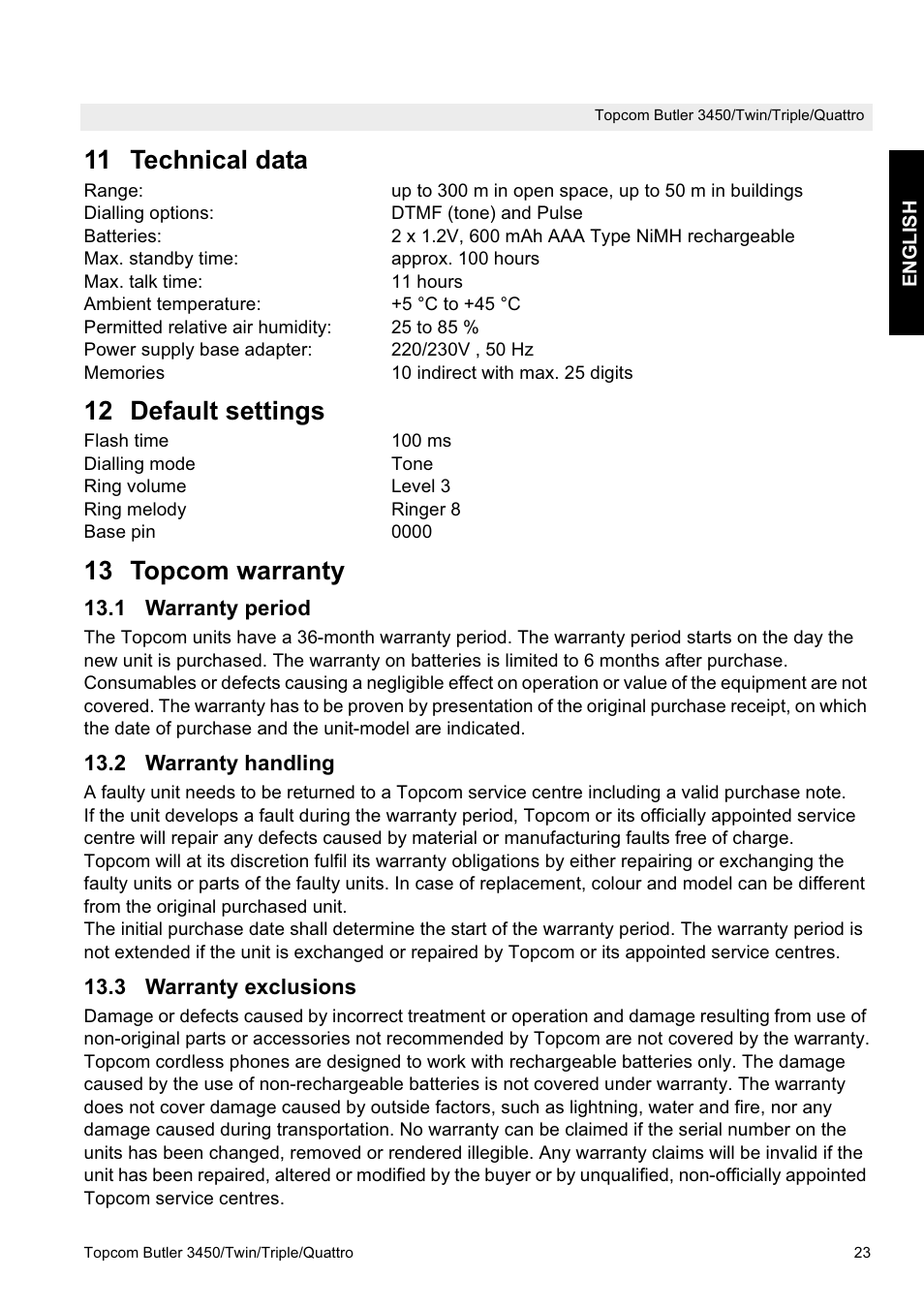 11 technical data, 12 default settings, 13 topcom warranty | Topcom BUTLER Quattro User Manual | Page 23 / 92