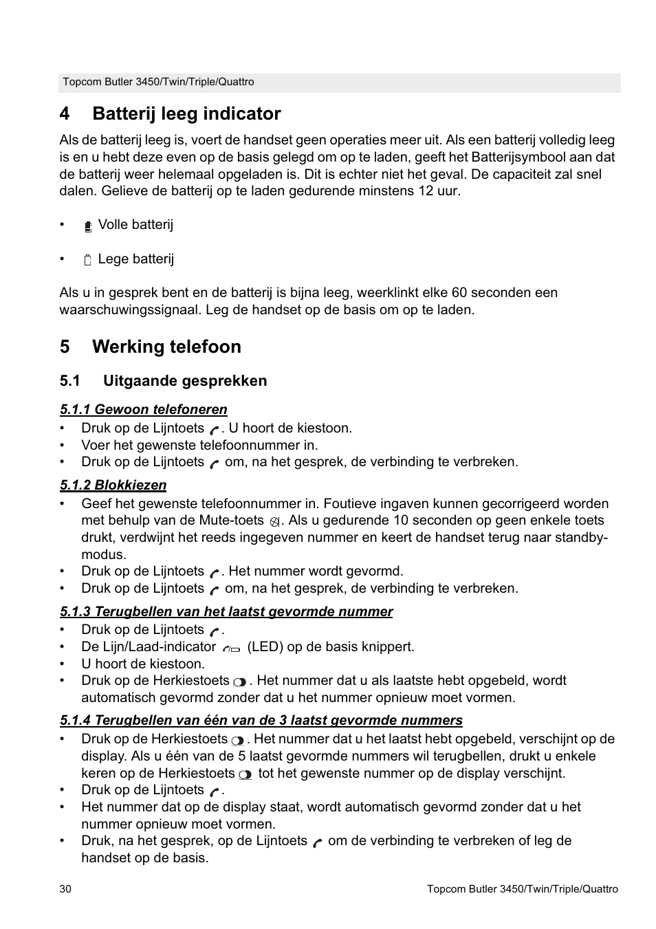 4batterij leeg indicator, 5werking telefoon | Topcom BUTLER Quattro User Manual | Page 30 / 92