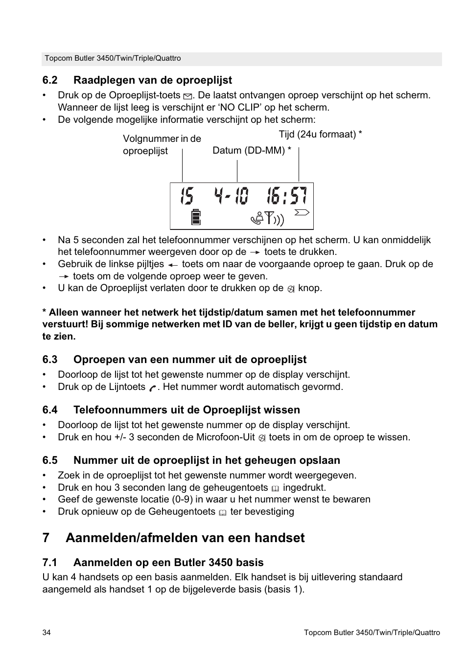 7aanmelden/afmelden van een handset | Topcom BUTLER Quattro User Manual | Page 34 / 92