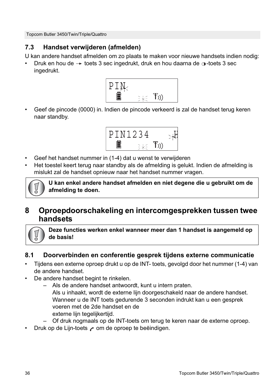 Pin 1234 h | Topcom BUTLER Quattro User Manual | Page 36 / 92
