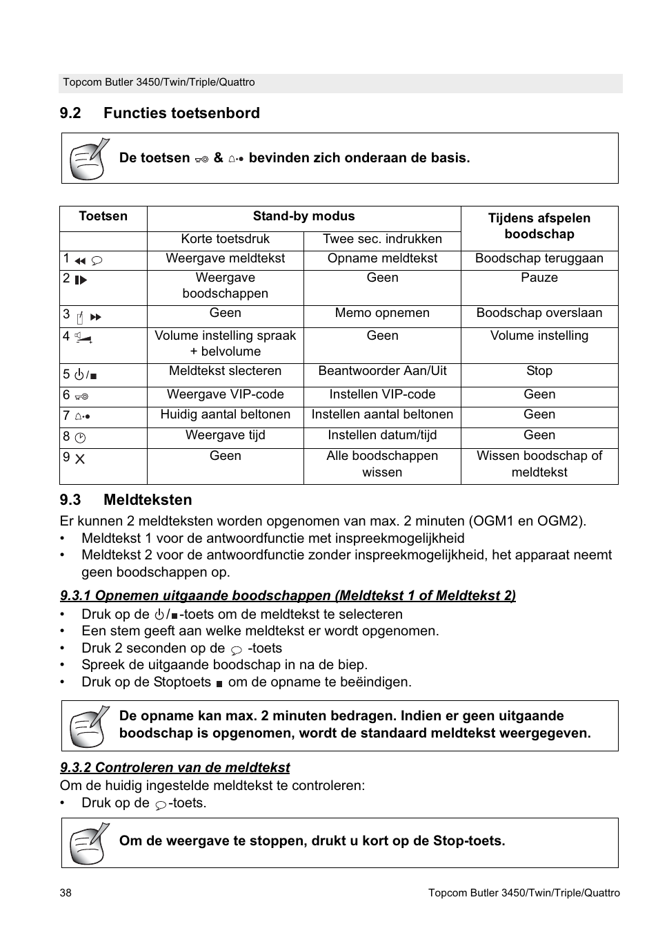 2 functies toetsenbord 9.3 meldteksten | Topcom BUTLER Quattro User Manual | Page 38 / 92