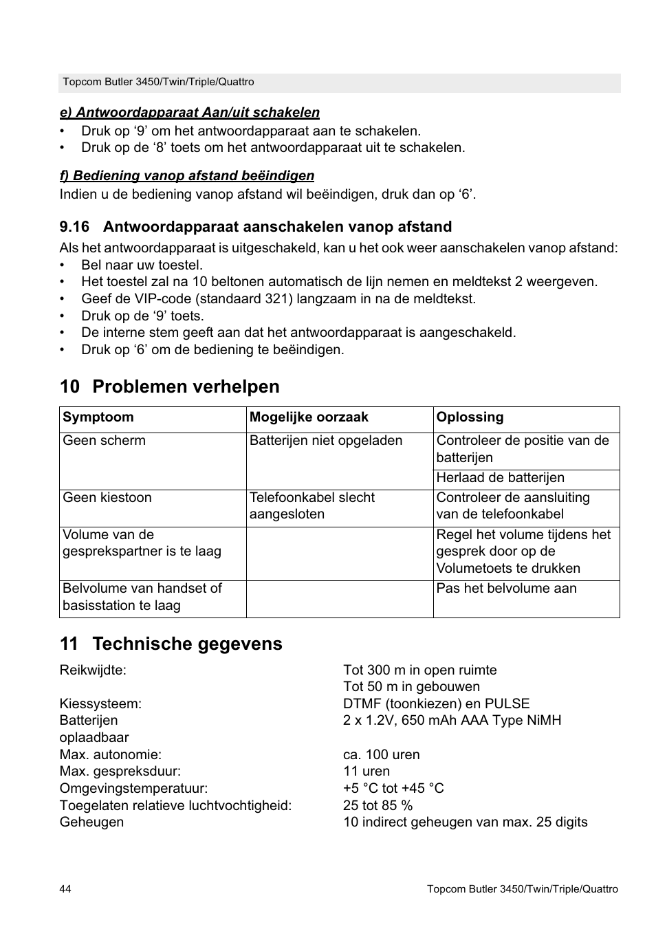 10 problemen verhelpen 11 technische gegevens | Topcom BUTLER Quattro User Manual | Page 44 / 92