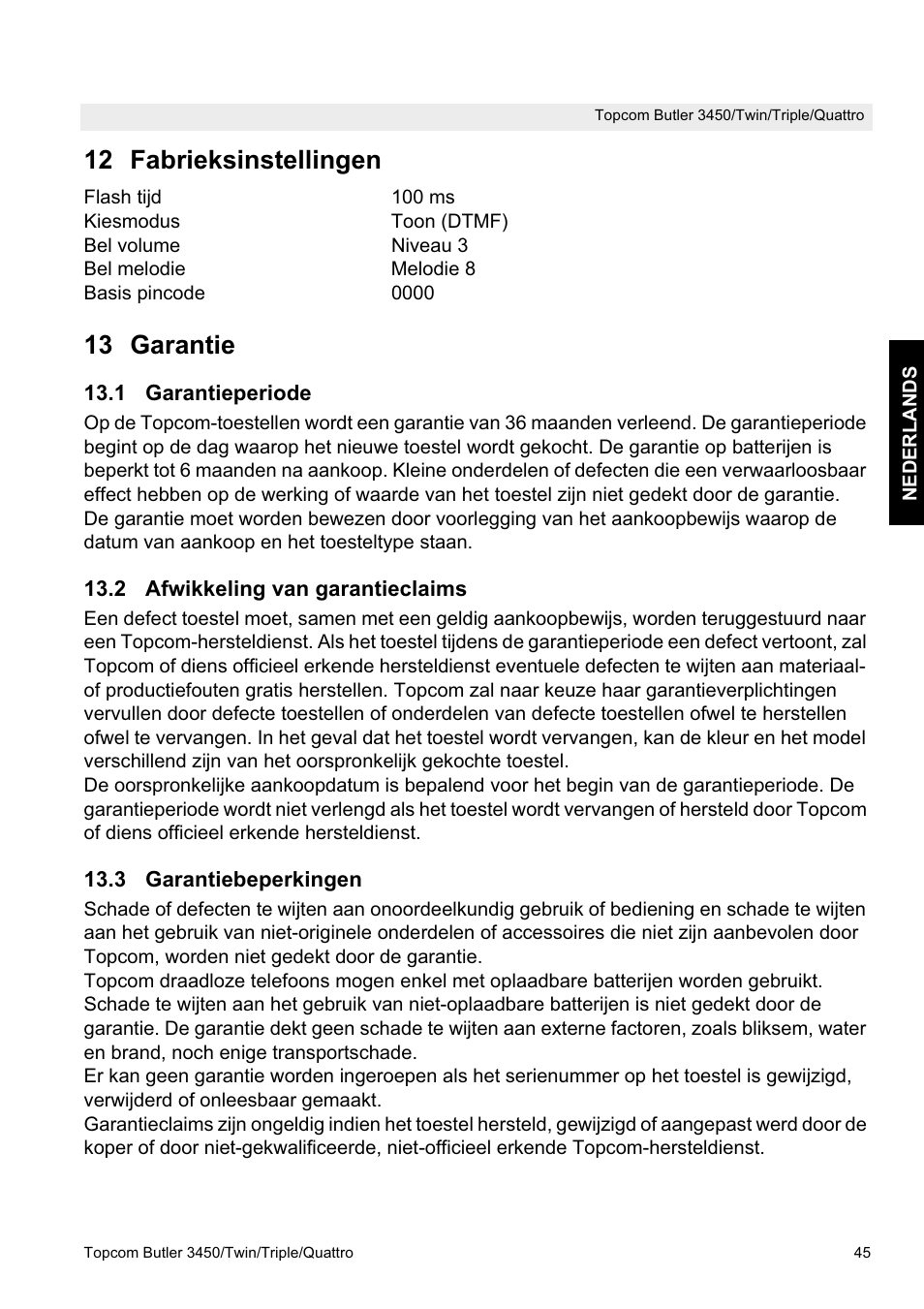 12 fabrieksinstellingen, 13 garantie | Topcom BUTLER Quattro User Manual | Page 45 / 92