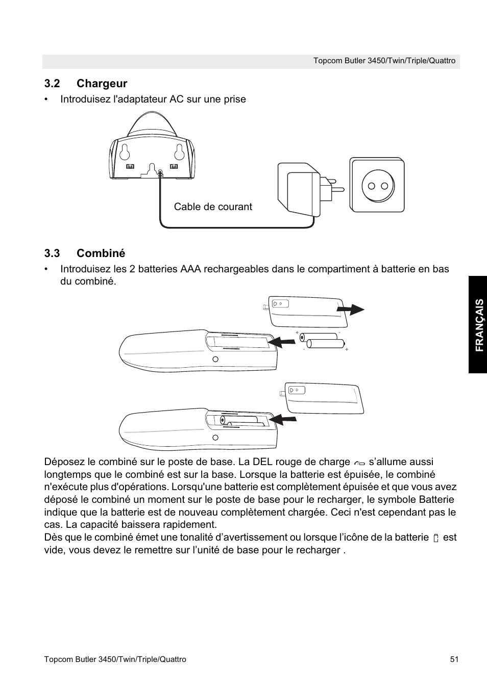 2 chargeur, 3 combiné | Topcom BUTLER Quattro User Manual | Page 51 / 92