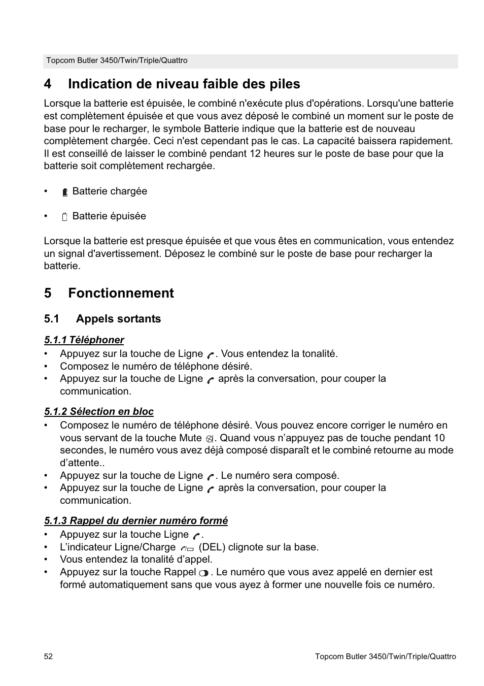 4indication de niveau faible des piles, 5fonctionnement | Topcom BUTLER Quattro User Manual | Page 52 / 92