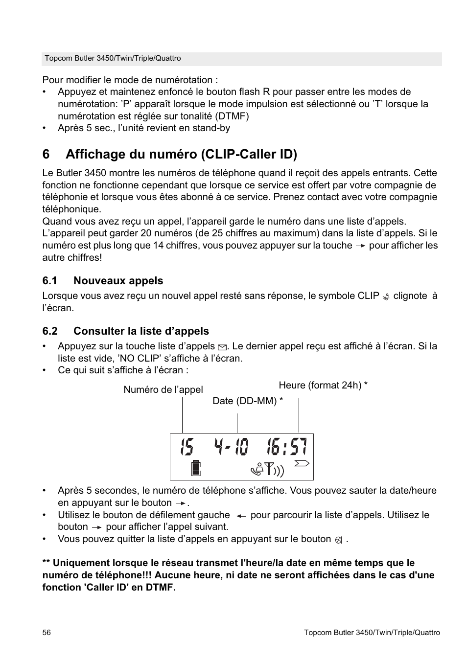 6affichage du numéro (clip-caller id) | Topcom BUTLER Quattro User Manual | Page 56 / 92
