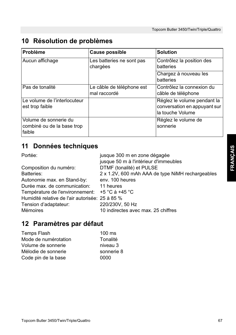 10 résolution de problèmes 11 données techniques, 12 paramètres par défaut | Topcom BUTLER Quattro User Manual | Page 67 / 92