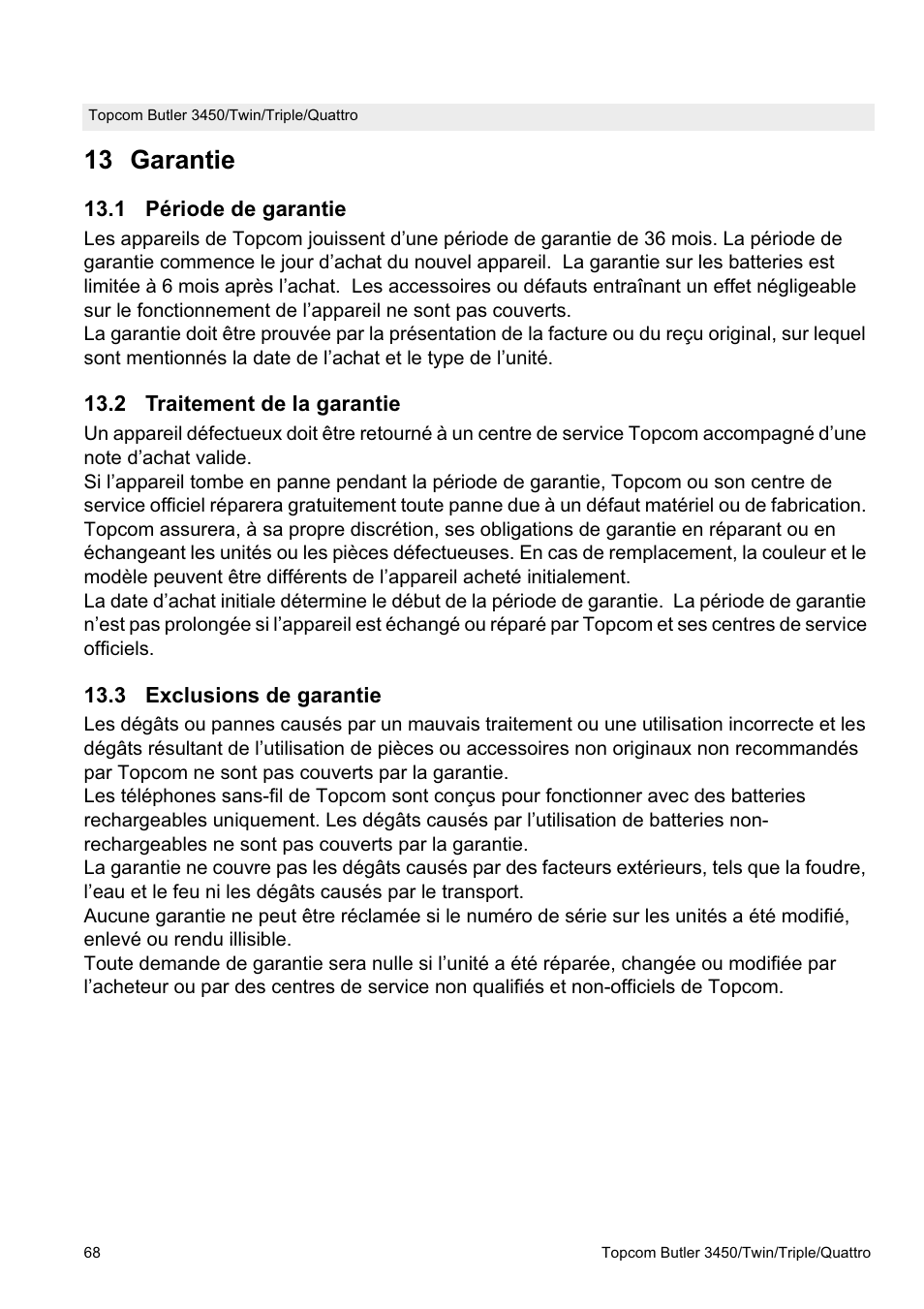 13 garantie | Topcom BUTLER Quattro User Manual | Page 68 / 92