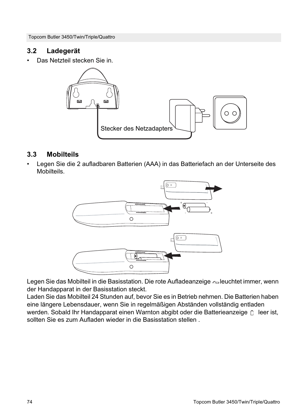2 ladegerät, 3 mobilteils | Topcom BUTLER Quattro User Manual | Page 74 / 92