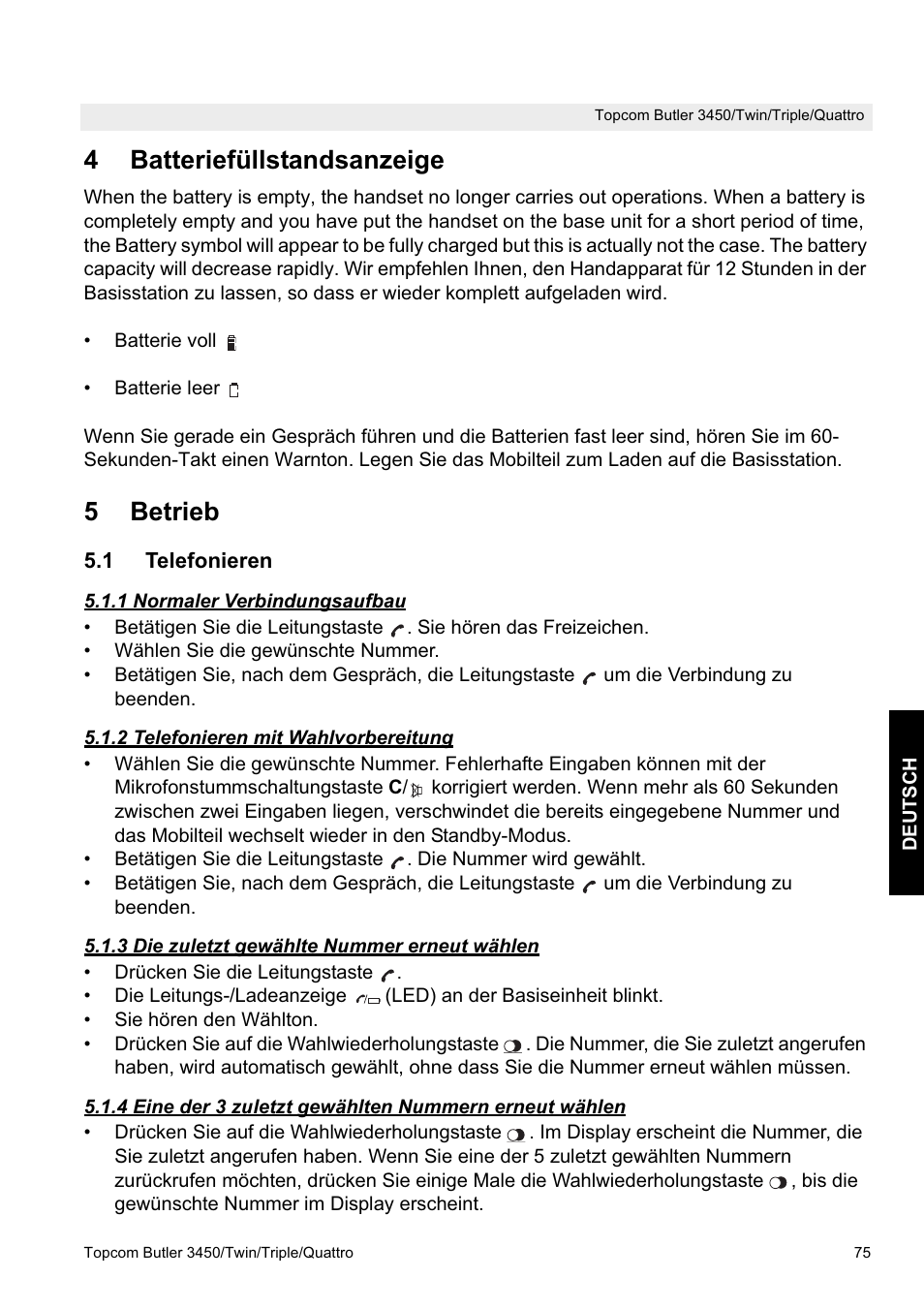 4batteriefüllstandsanzeige, 5betrieb | Topcom BUTLER Quattro User Manual | Page 75 / 92