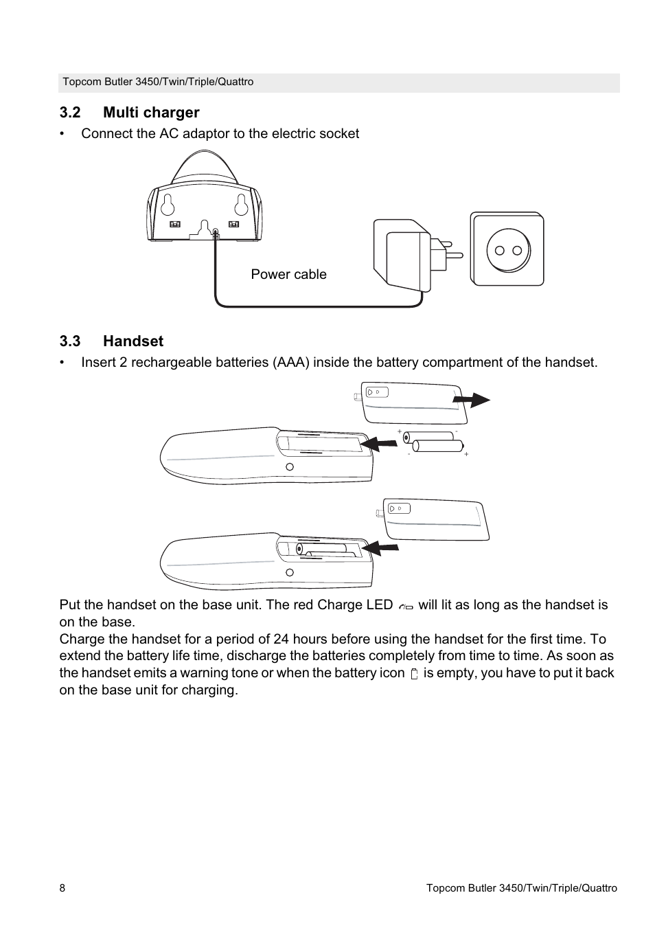 2 multi charger, 3 handset | Topcom BUTLER Quattro User Manual | Page 8 / 92