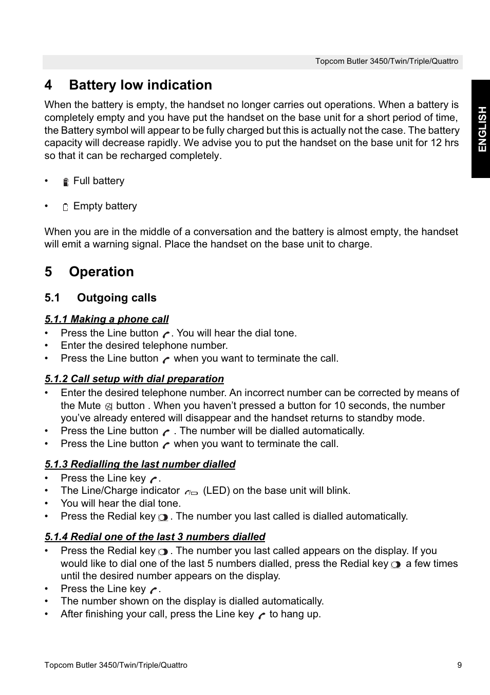 4battery low indication, 5operation | Topcom BUTLER Quattro User Manual | Page 9 / 92