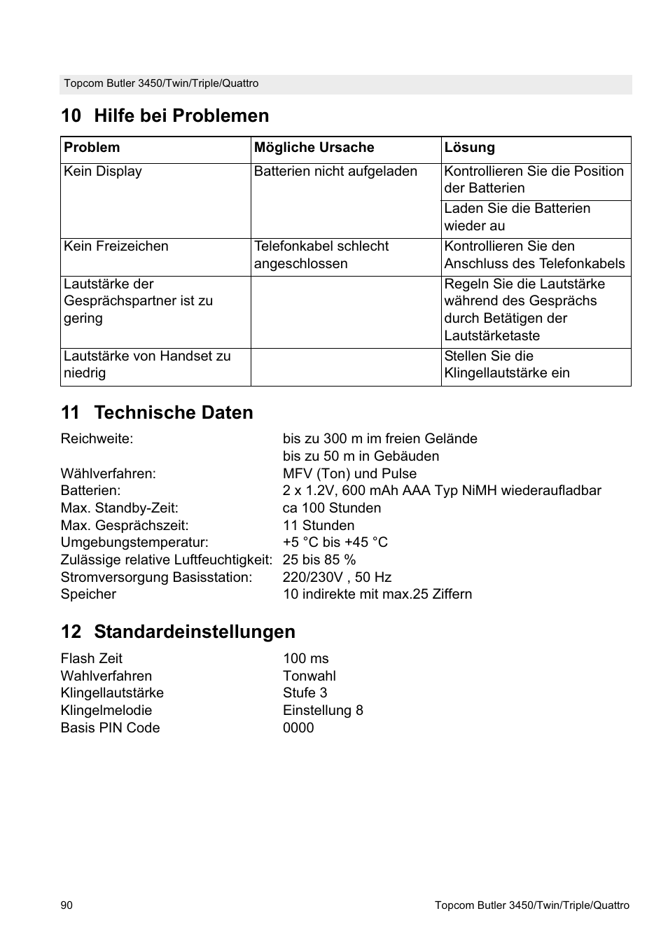 10 hilfe bei problemen 11 technische daten, 12 standardeinstellungen | Topcom BUTLER Quattro User Manual | Page 90 / 92