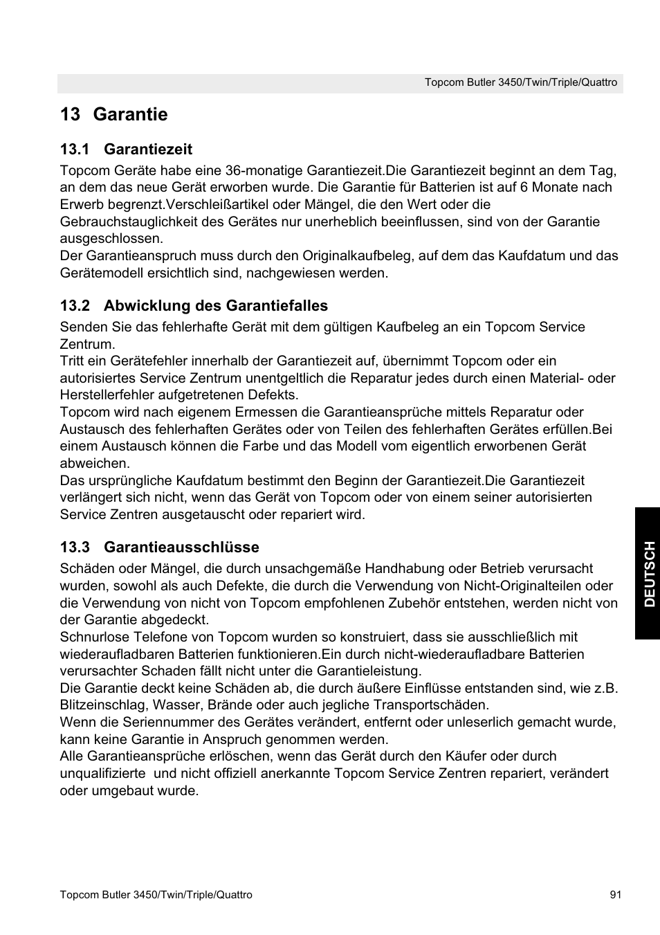 13 garantie | Topcom BUTLER Quattro User Manual | Page 91 / 92
