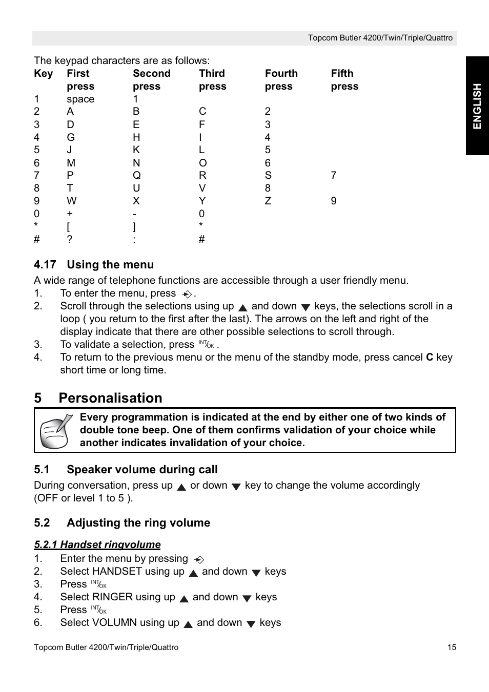 5personalisation | Topcom BUTLER 4200 User Manual | Page 15 / 52