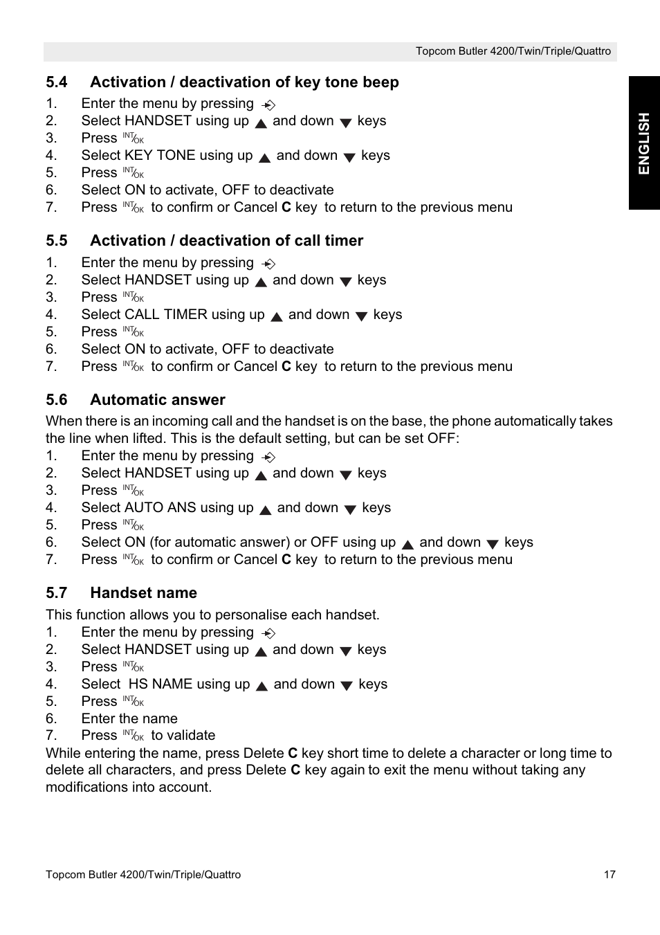 4 activation / deactivation of key tone beep, 5 activation / deactivation of call timer, 6 automatic answer | 7 handset name | Topcom BUTLER 4200 User Manual | Page 17 / 52
