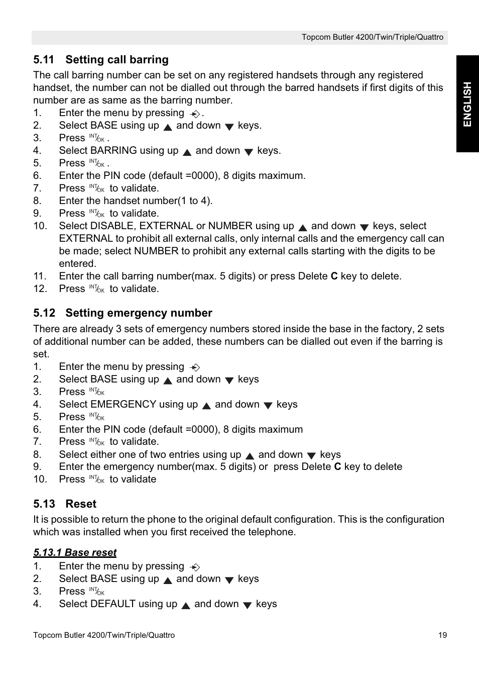 11 setting call barring, 12 setting emergency number, 13 reset | Topcom BUTLER 4200 User Manual | Page 19 / 52