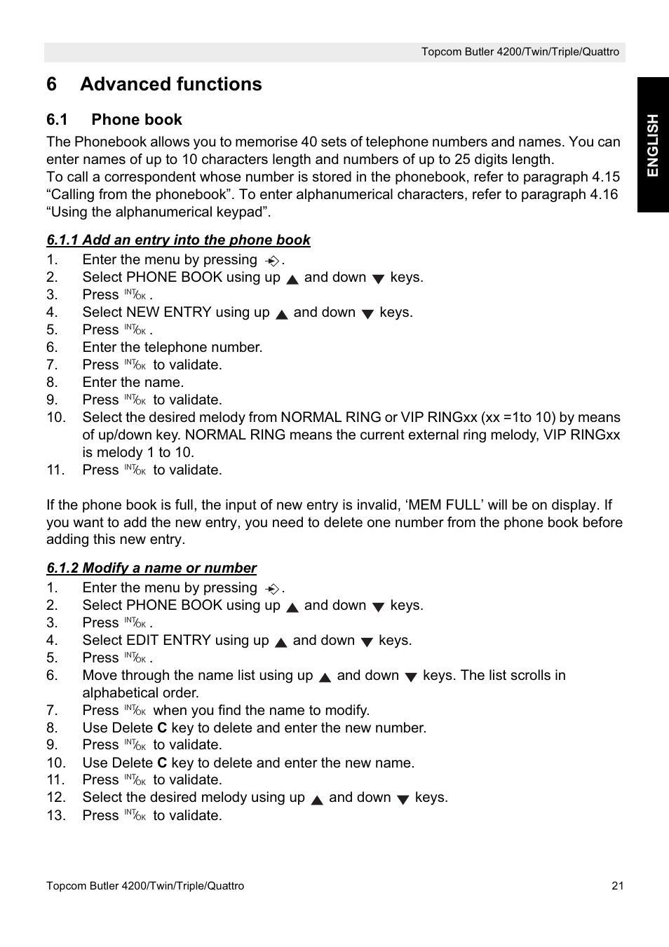 6advanced functions, 1 phone book | Topcom BUTLER 4200 User Manual | Page 21 / 52