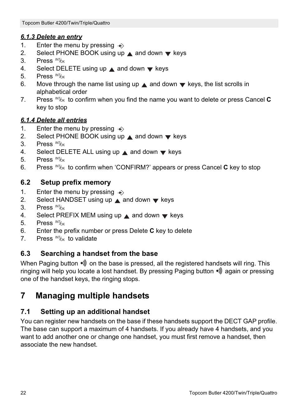 7managing multiple handsets, 3 searching a handset from the base, 1 setting up an additional handset | Topcom BUTLER 4200 User Manual | Page 22 / 52
