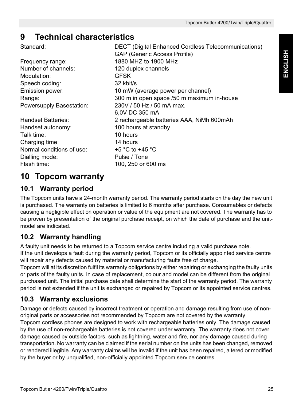 9technical characteristics, 10 topcom warranty | Topcom BUTLER 4200 User Manual | Page 25 / 52