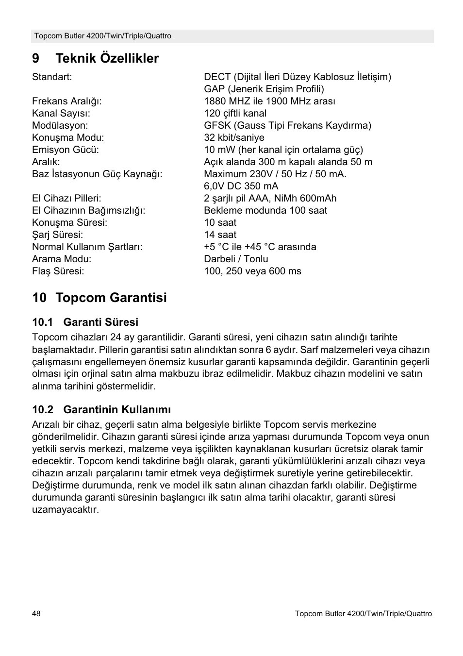 9teknik özellikler, 10 topcom garantisi | Topcom BUTLER 4200 User Manual | Page 48 / 52