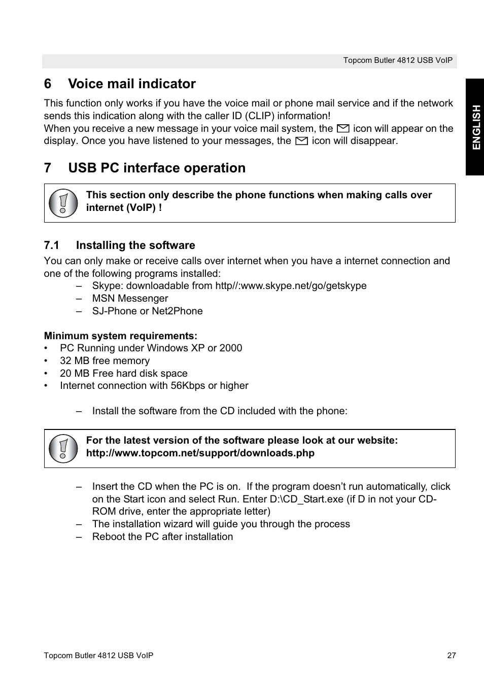 6voice mail indicator, 7usb pc interface operation | Topcom Butler 4812 USB VOIP User Manual | Page 27 / 40