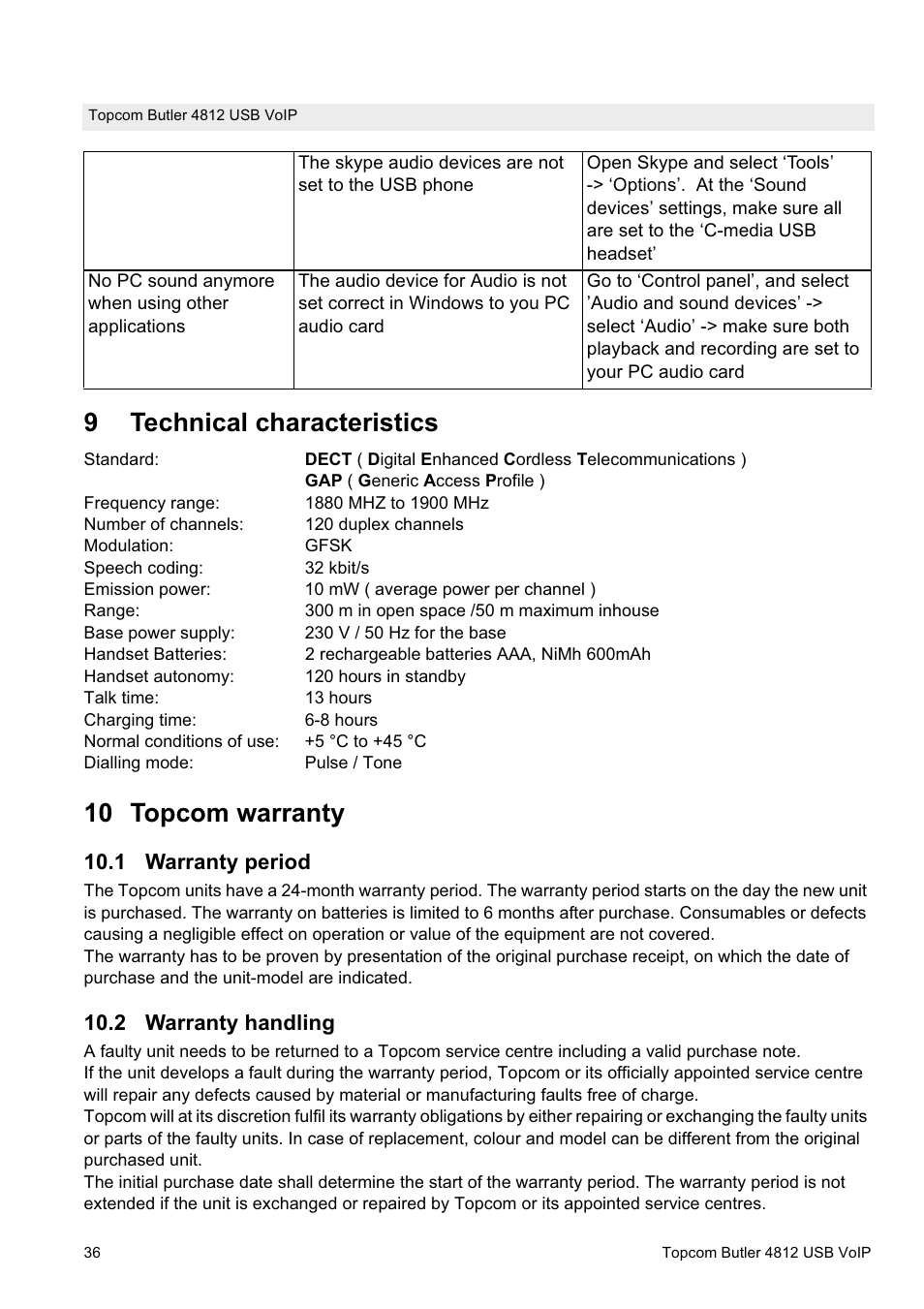 9technical characteristics, 10 topcom warranty, 1 warranty period | 2 warranty handling | Topcom Butler 4812 USB VOIP User Manual | Page 36 / 40