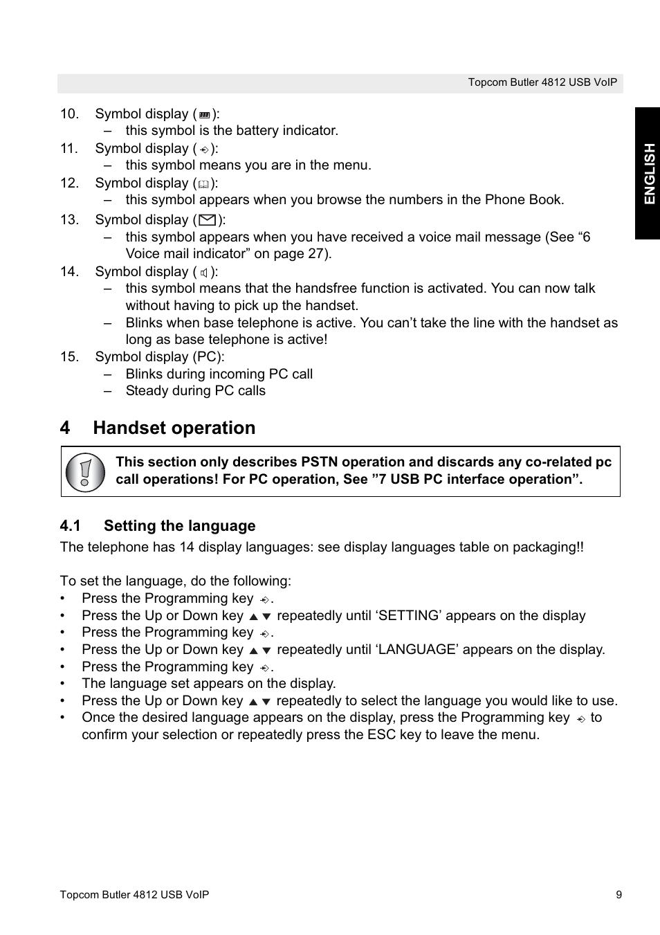 4handset operation | Topcom Butler 4812 USB VOIP User Manual | Page 9 / 40