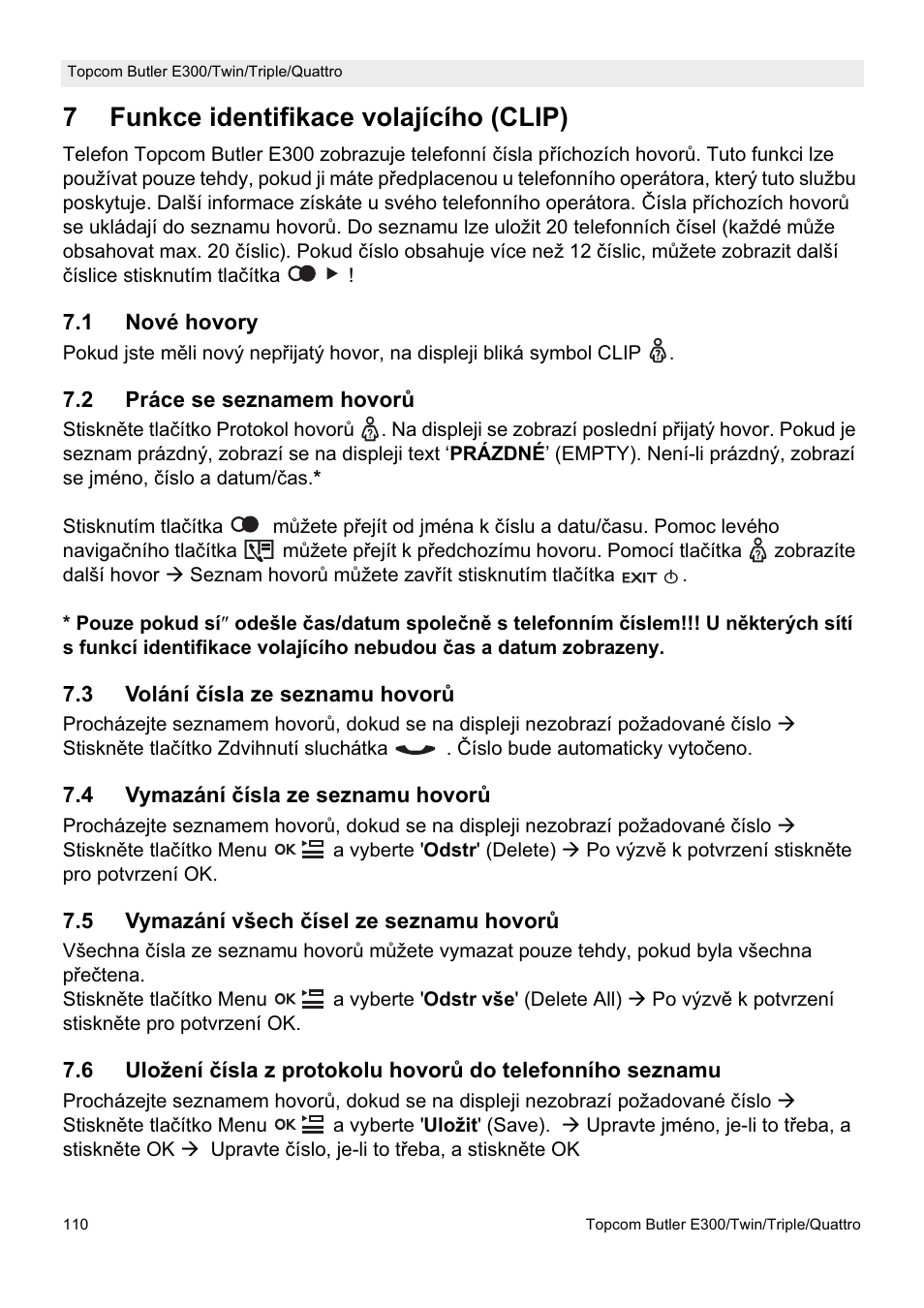 7funkce identifikace volajícího (clip) | Topcom Butler E300 User Manual | Page 114 / 208