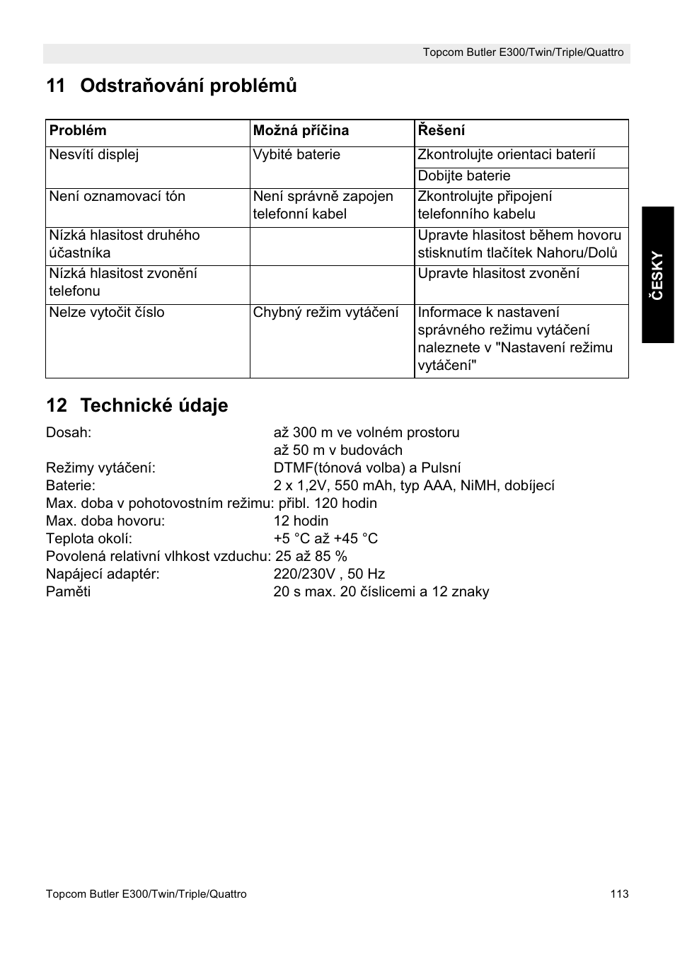 11 odstra ėování problémĥ 12 technické údaje | Topcom Butler E300 User Manual | Page 117 / 208
